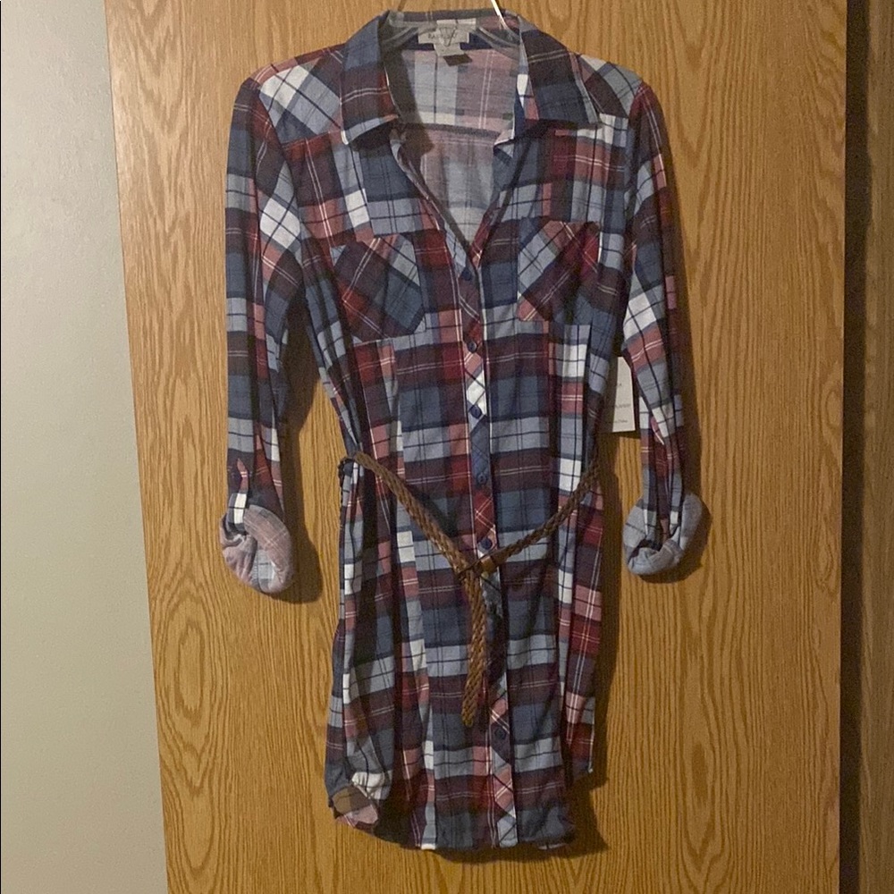 Plaid Button-Up Shirt Dress with Belt